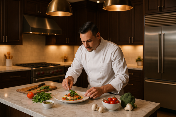 generate an image of a private chef, the background is a luxury kitchen